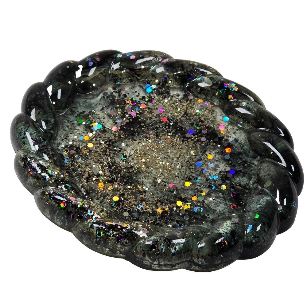 Handmade Resin Oval Tray 6x5" Braided Rim Black Glitter Nebula Sparkle Art Decor